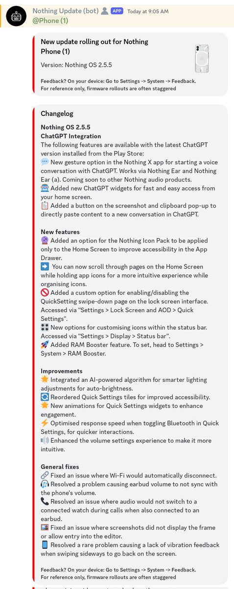 Nothing OS 2.5.5 is available for the Phone (1)!!! We were just talking about this yesterday @NerdzLab lol Check out how beautiful this change log is 😍. And, it comes with the May security patch 🙌😎 @nothing constantly impressing me with their software support.