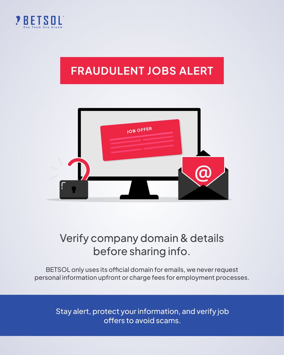 Fraudulent job offers lurk everywhere. 

At Betsol, your security is our top priority. Safeguard your career by learning how to spot the genuine offers from the fake ones. 
Read our latest blog here:
bit.ly/4dcIx15

#JobSafety #CareerTips #JobScamAlert #OnlineScams