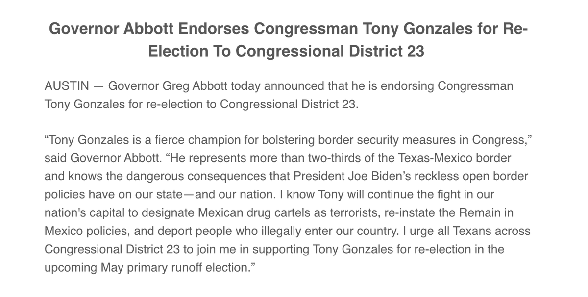 Texas Gov. Greg Abbott endorses Rep. Tony Gonzalez ahead of runoff