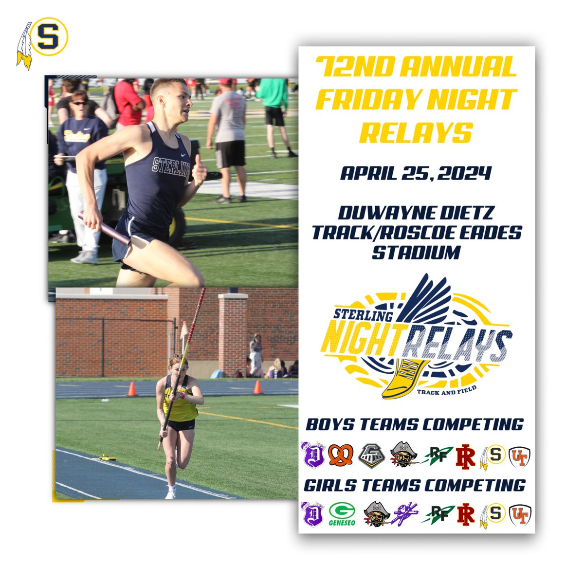 Due to forecasted storms Friday, the 72nd Annual Night Relays will take place tomorrow, April 25. Field events begin at 4 PM, senior night at 5:50 PM, and running events at 6 PM. Senior parents please still plan to arrive at 4:45 PM at the south end of the track. #GOldenWARRIORS