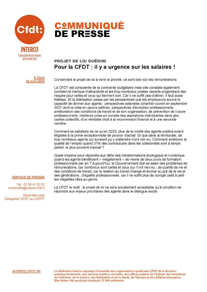 #fonctionpublique #FonctionPubliqueTerritorialeProjet de loi Guérini : pour la #CFDT, il y a urgence sur les salaires ! Téléchargez le communiqué de presse >>> urlz.fr/qp6o