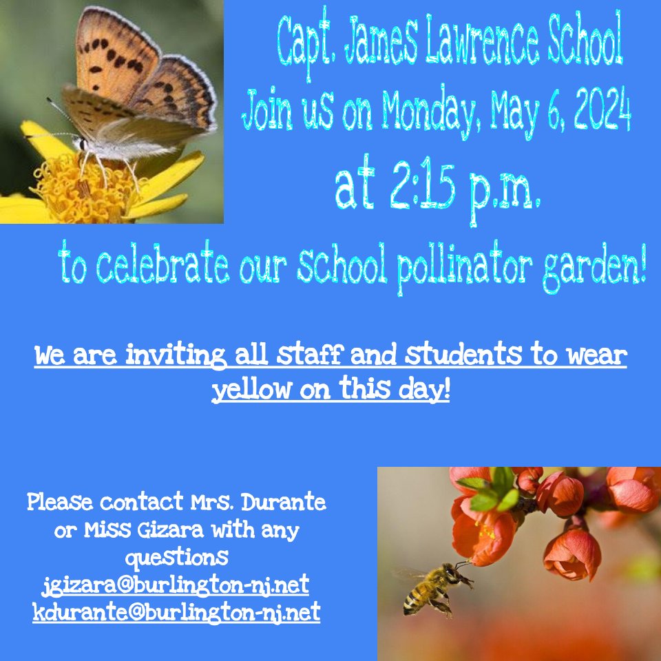 We will be planting a Lawrence School pollinator garden on Mon, May 6th, at 2:15 PM.  Please use the link below if you are able to volunteer or donate needed items. 
bit.ly/3xSoLIb
#ClimateEd #ClimateChangeEducation #ActionForEarthNJ #PollinatorGarden #CityStrong