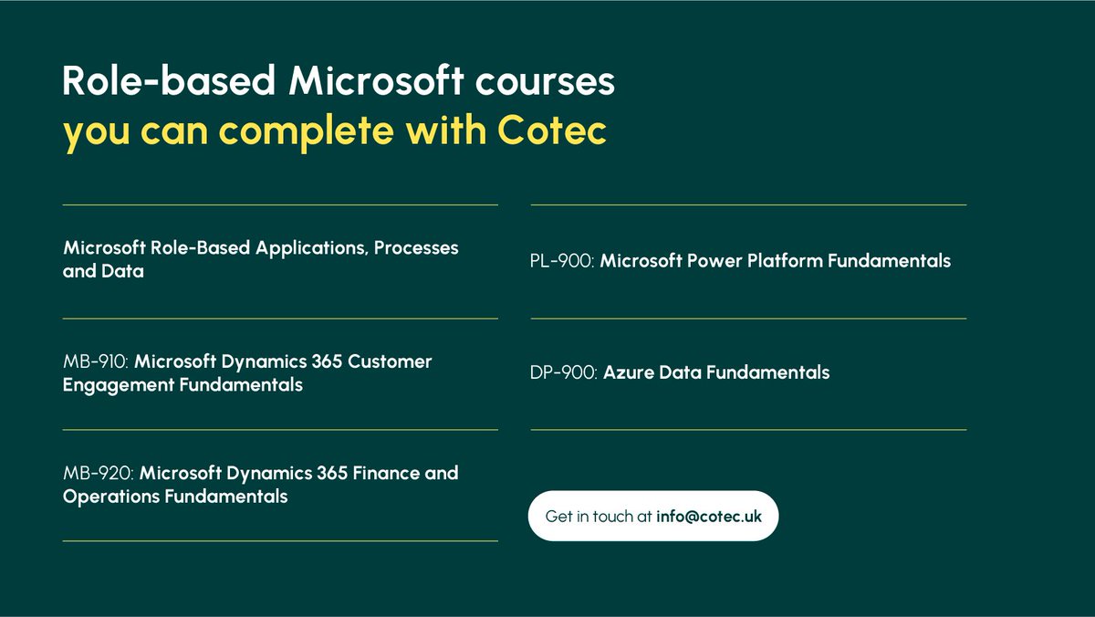 Here are all of the @Microsoft365 role-based courses that we offer to make sure that you are ready for your exam! 🌐

Email us for more info: info@cotec.uk

#ITTraining #ITJobs #Microsoft365