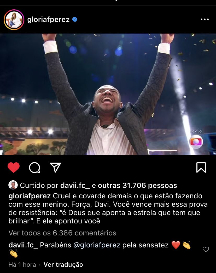 Já foram engajar o post que a Glória Pérez fez pro Davi no Instagram??