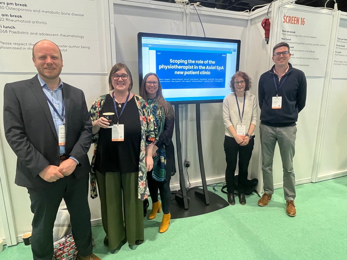 BRITSpA travelling fellows at #BSR24 showcasing our abstract about physio in the Axial SpA new patient clinic @britspauk Screen 16 right now if you are here in person. PO57 to look at it later.