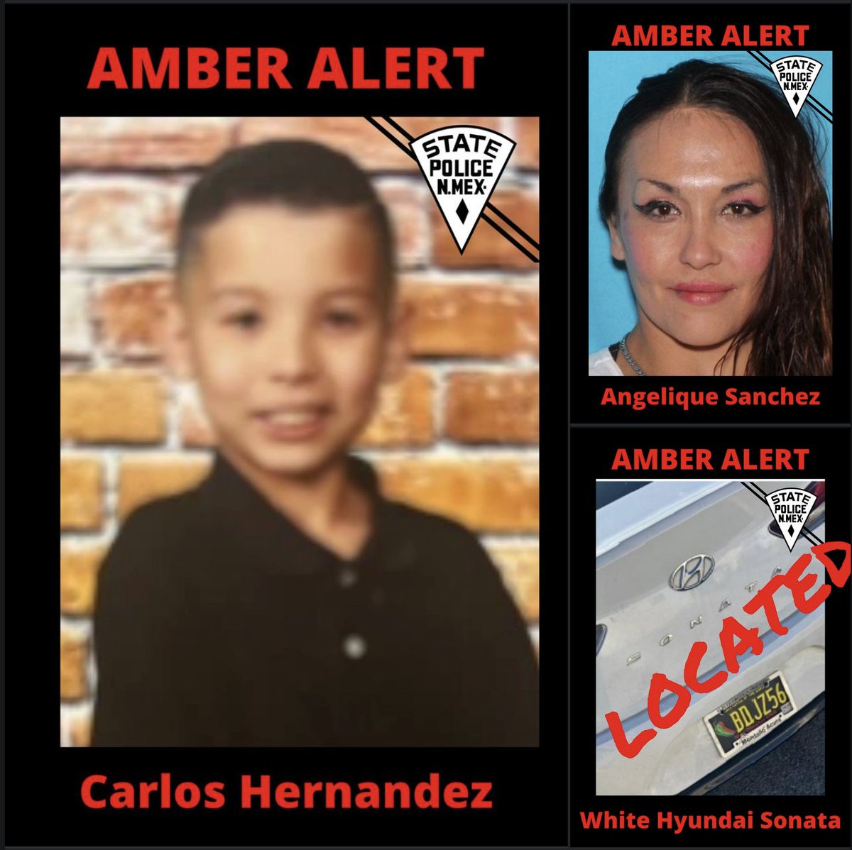 ABQRAW's tweet photo. UPDATE: Per the NMSP, the white Sonata has been located. Carlos is still missing, and the NMSP believes he is likely with Angelique. Their method of travel is unknown - https://t.co/YTDyuzD3Lo #AMBERAlert #NMNews #ABQNews #Missing #MissingKids #missingperson https://t.co/p5ROYps0f9