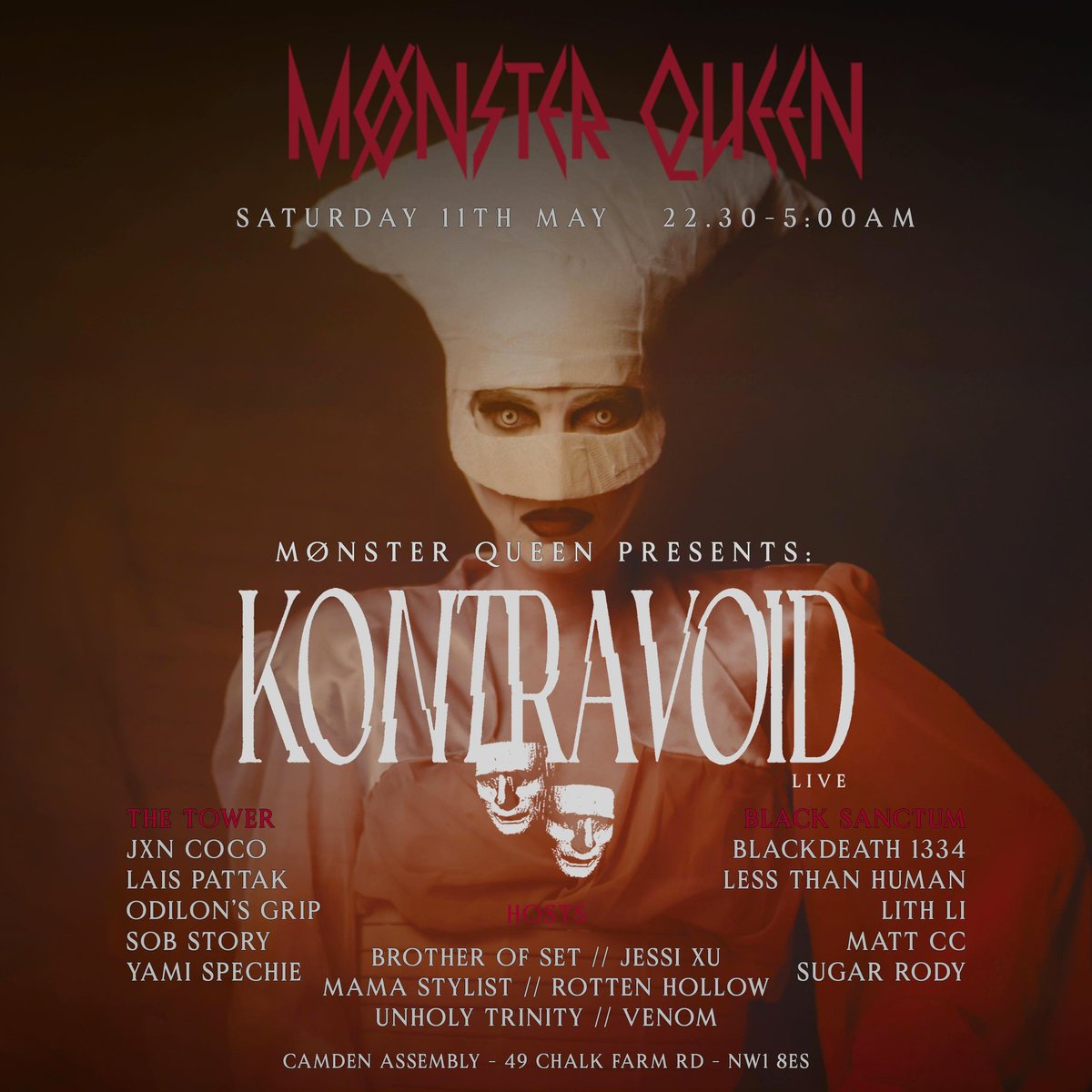 Mønster Queen returns to Camden this May 11th! They'll be welcoming Kontravoid to the stage, alongside an incredible array of worldwide DJs & performers. Tickets moving fast. Make sure to secure yours 😈