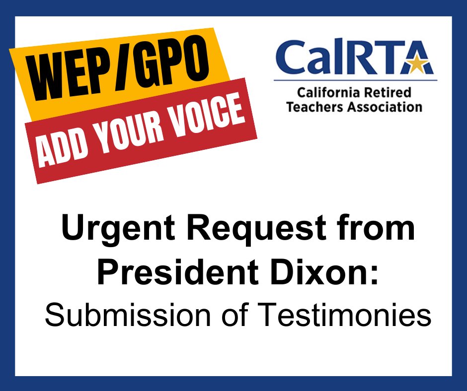 URGENT REQUEST: Submit your WEP/GPO testimonies to the SS Subcommittee by Noon Pacific time on Tues, April 30. Here are how-tos and suggested talking points. Your story is important. Thank you for sharing! Email Link = mailchi.mp/calrta.org/hr8…