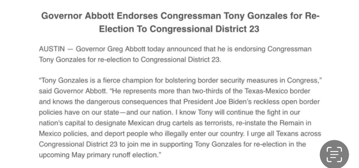 >@RepTonyGonzales nabbed the endorsement of @GovAbbott. Gonzales has been under fire by some Texas republicans of late.