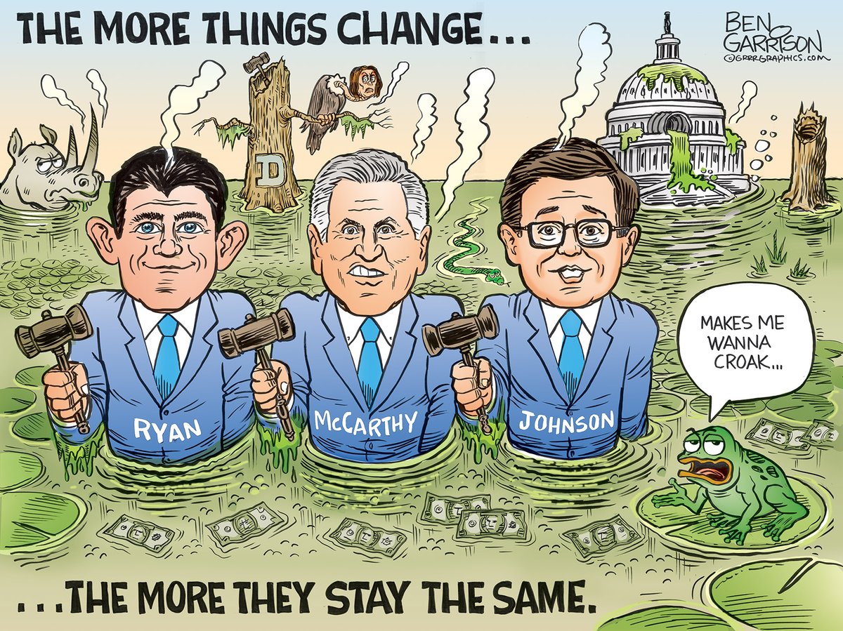 Paul Ryan is out there praising @SpeakerJohnson of course he is! RINO traitors of a feather flock together! throwback #bengarrison cartoon grrrgraphics.com/swamp-speakers/