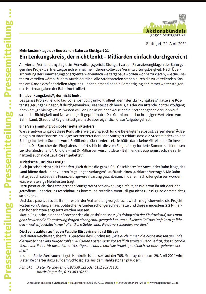 - Pressemitteilung des Aktionsbündnisses gegen #Stuttgart21 zum Gerichtsverfahren wegen der Verteilung der Kosten auf die Projektpartner -

Die PM als Text und pdf sowie ein Brief von @WernerBorn_ dazu hier:
parkschuetzer.de/statements/215…

#S21 #S21Finanzierung