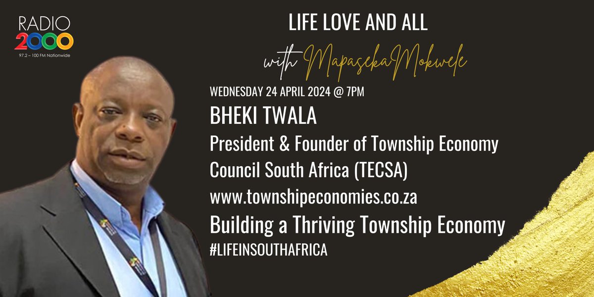 COMING UP #lifeloveandall @mapasekamokwele #LifeInSouthAfrica What will it take to build a thriving Township Economy across South Africa? Bheki Twala President of the Township Economy Council SA #Radio2000 #MapasekaMokwele #township #SouthAfrica30