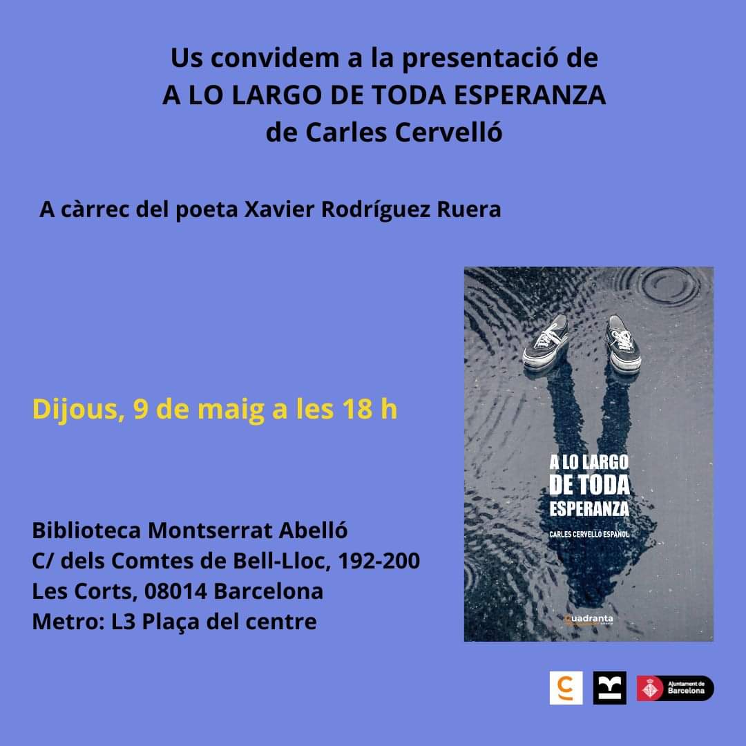 Canvi de data. Finalment, serà el proper dijous 09 de maig, a les 18 h., que tindré el plaer d'acompanyar l'editor, professor i poeta Carles Cervelló en la presentació del seu nou llibre a la Biblioteca Montserrat Abelló. Us hi esperem. 📚🌿