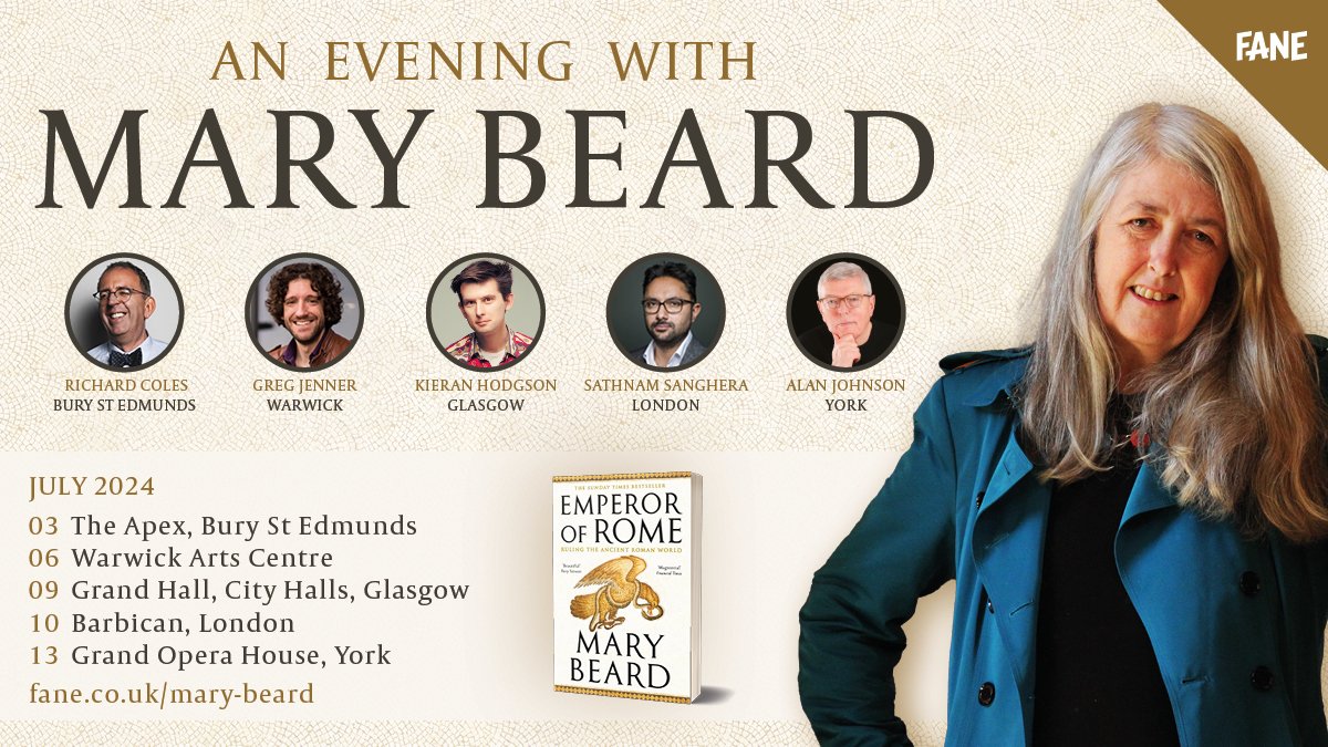 🏛️ INTERVIEWER ANNOUNCEMENTS | Quite the cohort! Here's who will join @wmarybeard for her #EmperorOfRome events: 🔱 @RevRichardColes (Bury St. Edmunds) 🔱 Kieran Hodgson (Glasgow) 🔱 @Sathnam (London) 🔱 @greg_jenner (Warwick) 🔱 Alan Johnson (York) 🎟️ fane.co.uk/mary-beard