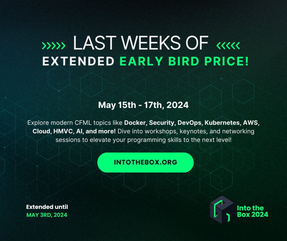 GoIntoTheBox's tweet image. 🚨 Exciting News! Early Bird pricing for Into the Box extended 2 more weeks! 🎫 Register Now for an extra 15% off: eventbrite.com/e/663126347757… Don&apos;t miss out on leveling up your coding skills and projects! ⚡ 

#ColdFusion #CFML #WebEvent #CFML #Tech #Website #Abobe @coldfusion