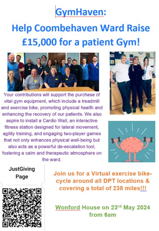 GymHaven: Help Coombehaven Ward Raise £15,000 for a patient Gym! The ward team are very excited to be undertaking this fundraiser and this initiative is a real testimony to the commitment & enthusiasm the team have to make our ward a better place for those who are admitted.