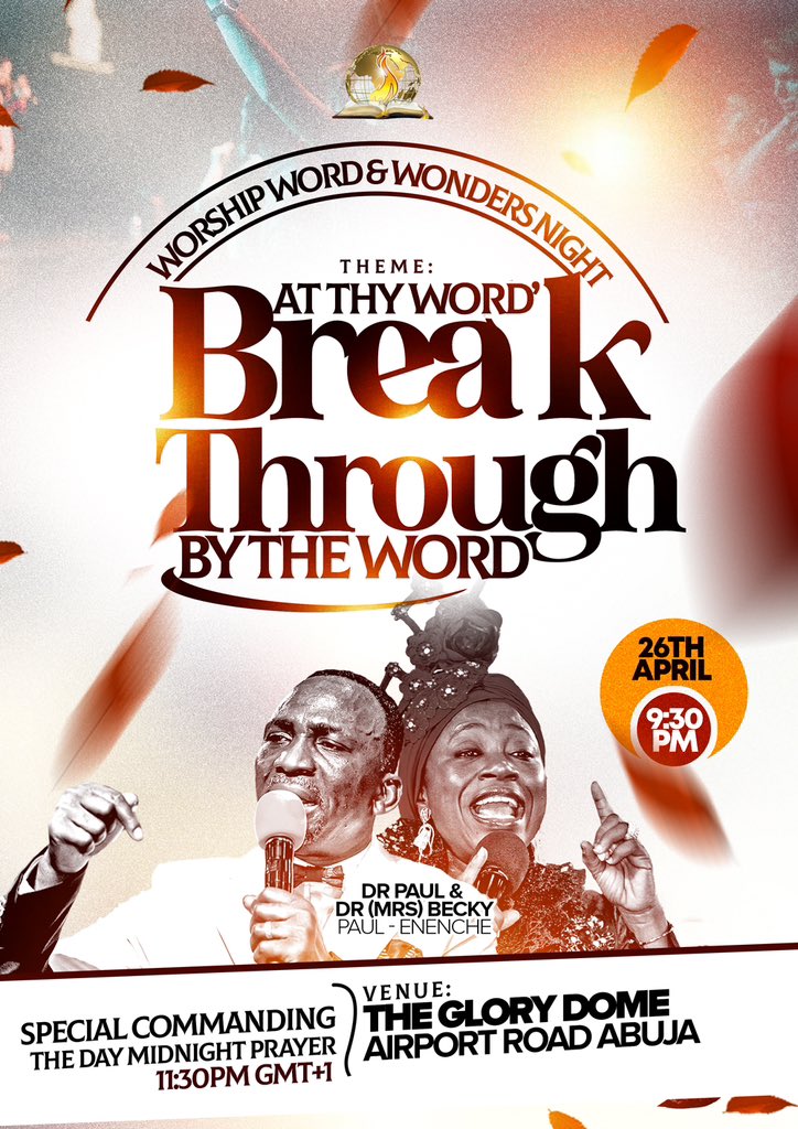 It’s our Worship, Word and Wonders’ Night this Friday 26th of April, 2024 with the theme, “AT THY WORD (Breakthrough by the word). We’d also be having the combined (physical) Commanding The Day Midnight prayer session by 11:30pm (GMT +1). Ensure you’re on ground physically to…