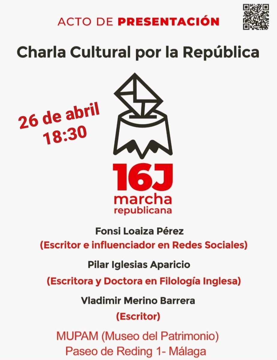 🔴 Este viernes 26 de abril a las 18:30h la plataforma #16J realiza una charla cultural en el @MuseoPatrimonio (MUPAM) para hablar de #republicanismo con los escritores @fonsiloaiza; Pilar Iglesias; y @vladimir_merino 🟢 CHARLA CULTURAL 🗓️ Viernes 26 de abril 🕢 18:30h 📍 MUPAM