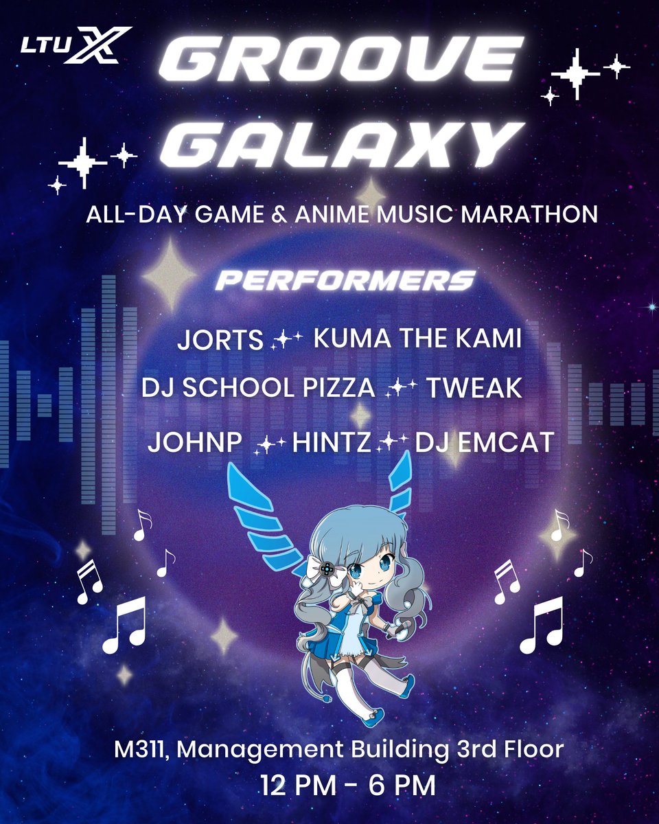 Groove Galaxy is an all-day gaming, anime & music marathon! Stop by this pop-up party in room M311 (3rd floor of the management building!) Featuring performers: @jortswubs @hintzmusik @emcatcosplay @KumaTheKami @Ihavetoomuchfun @tweak62 @DJSchoolPizza