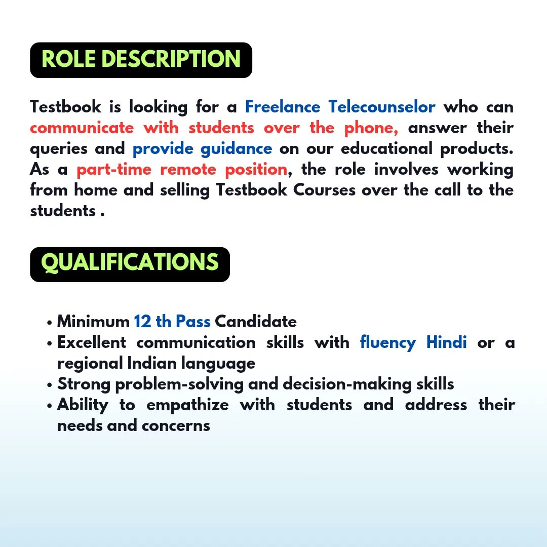 Sell Testbook Courses - Work From Home!
Help students with their careers! Be a Freelance Telecounselor for Testbook.

Earn commission on every sale.
Flexible hours, work from home.
Hindi fluency required.
DM for details!

#couselor #tele #mentor #guidance