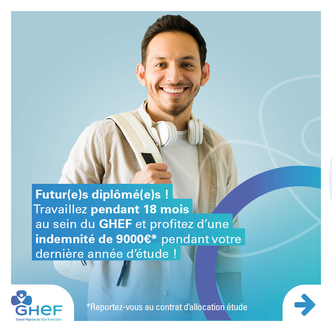 GHEF_77's tweet photo. 📢 ACTU | Un #ContratAllocationÉtude au sein du #GHEF, une collaboration de 18 mois pour une indemnité de 9000 €* pendant votre dernière année d’études !

Étudiants, à vos CV et lettre de motivation : cgs@ghef.fr 📧 https://t.co/TLzPlhv8Se