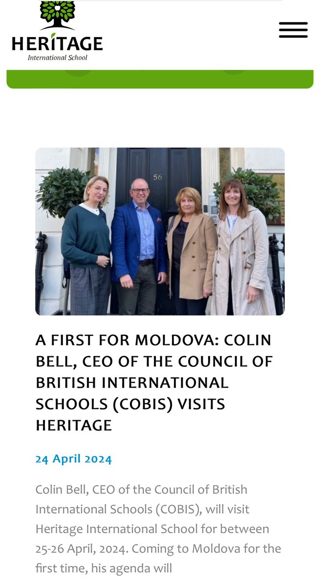 We are delighted that @COBIS_CEO @COBISorg is making a 1st visit to #Moldova 🇲🇩 and Heritage. We are looking forward to showing him our schools & meeting with the Minister of Education and our colleagues at the U.K. Embassy in Chisinau. @fern_horineUK heritage.md/en/news