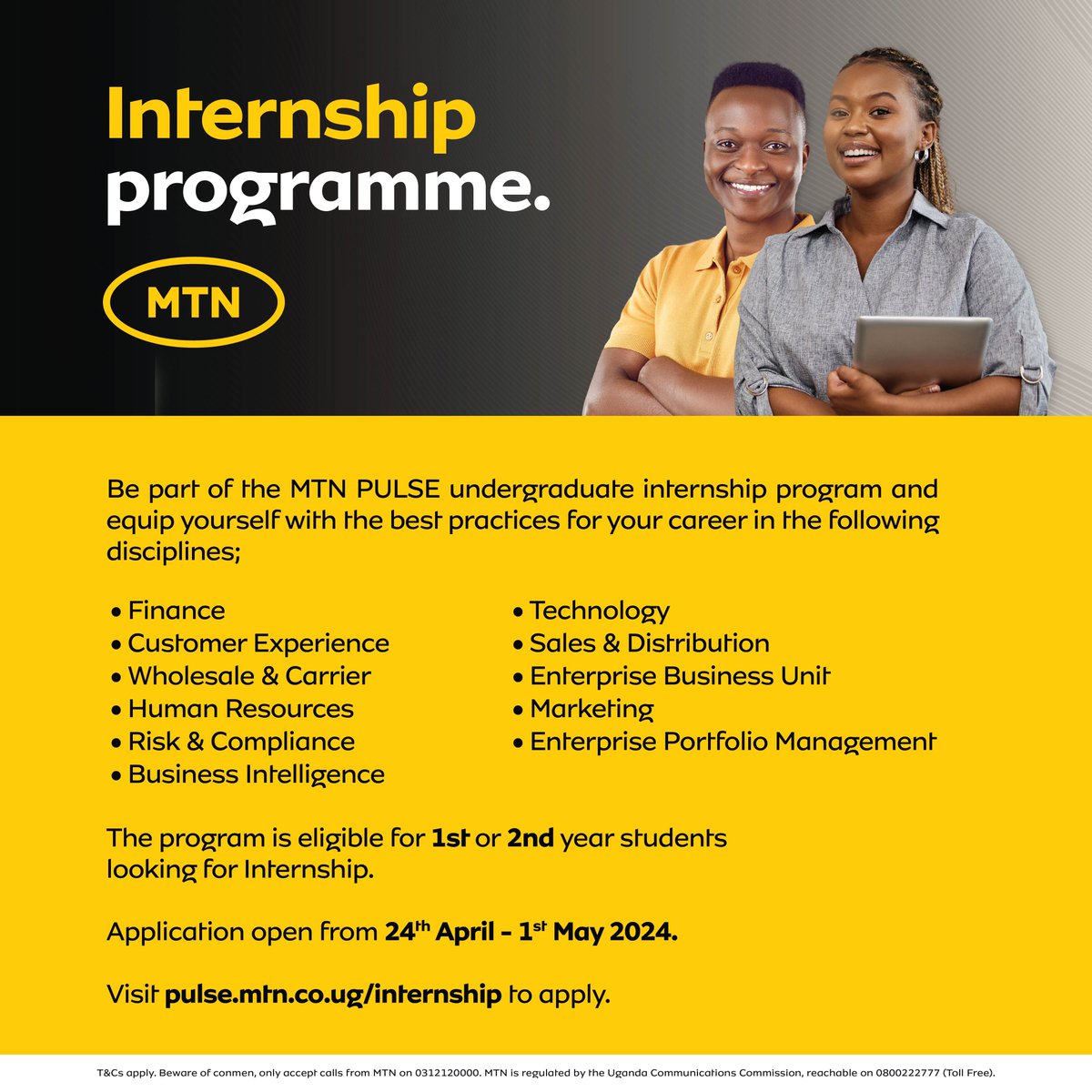 Are you in 1st & 2nd year at Uni?   Apply for the #MTNPulse internship program & gain valuable experience in various fields like finance, technology, customer service & more. Apply now through May 1st: pulse.mtn.co.ug/internship/ #MTNPulse #Internship #Uganda