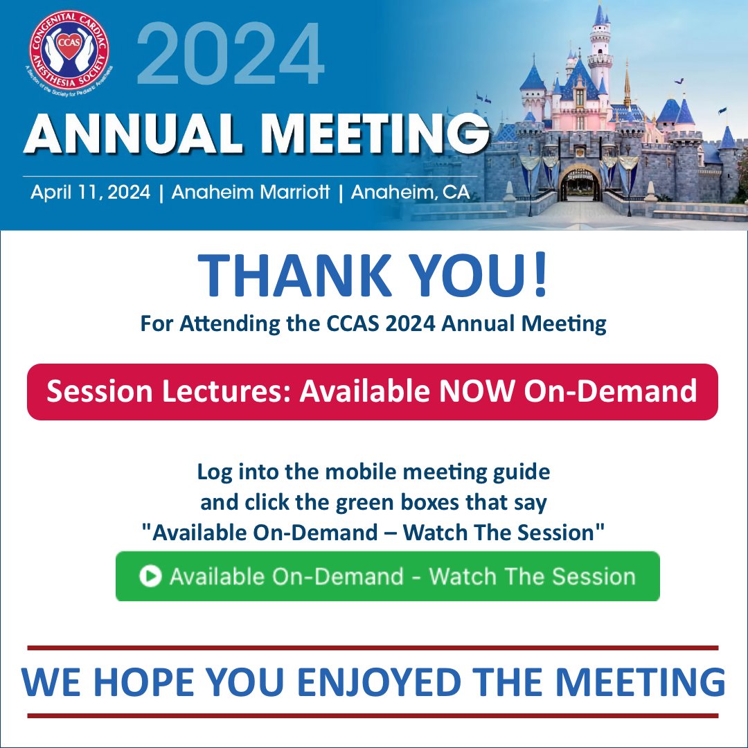 The CCAS 2024 Annual Meeting session lectures are available NOW on-demand! Log into the Mobile Meeting Guide and navigate to the Program & Schedule. Click the 'Available On-Demand – Watch The Session' buttons.
Log in here: ow.ly/xeyc50RngFr
#PedsCards #CCAS24