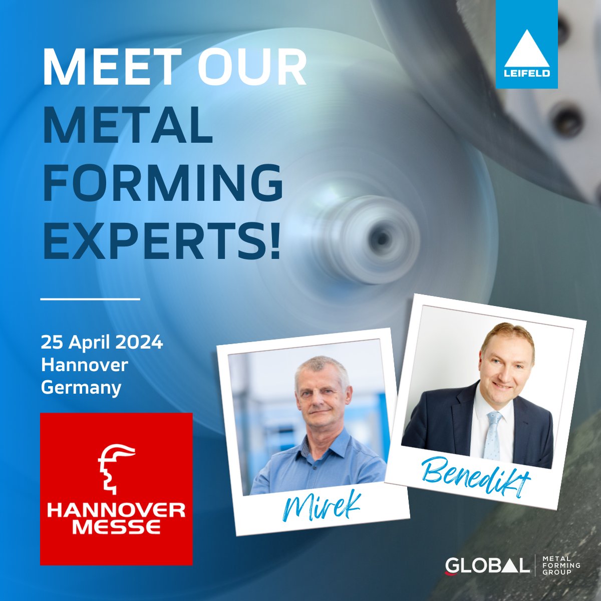 Catch our metal forming specialists, Nillies Benedikt and Mirek Nawa, at HANNOVER MESSE on April 25th! Dive into the latest innovations in machine building for aluminum cylinder production. Contact us: leifeldms.com/en/contact.html