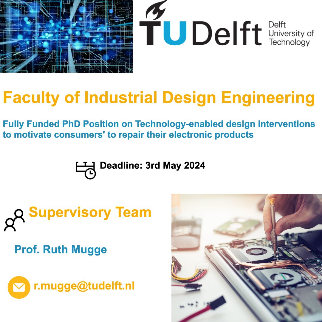 🔃 Please RT 📢📢 #phdposition alert

✅ Passionate about  #Engineering #IndustrialDesign #circulareconomy #SustainableLiving 

✅ Rare 2⃣ fully funded #PhDpositions for upto 4⃣ years  within Faculty of Industrial Design Engineering @tudelft 

📌Project 1⃣: Fully Funded…