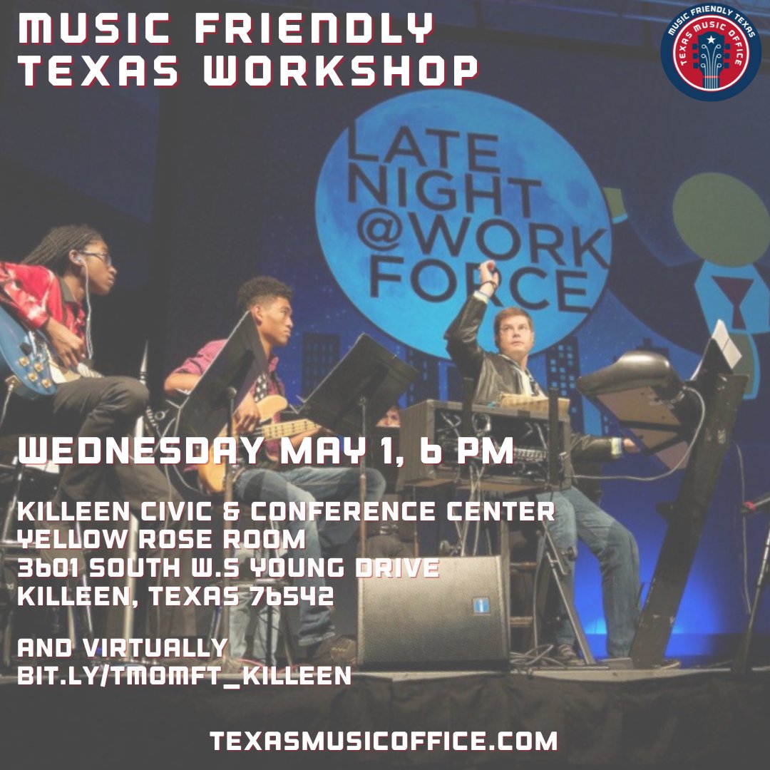 The @txmusicoffice (TMO) today announced that they will co-host an in-person and virtual #MusicFriendlyTexas Workshop on May 1 with the @CityofKilleen and #VisitKilleen. Musicians, venues, and the general public are welcome to join in person or online. gov.texas.gov/music/post/tex…