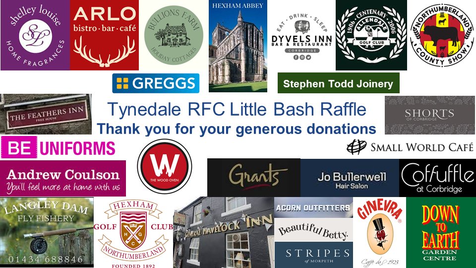 THE GREAT LITTLE BASH RAFFLE We will be making the draw for the raffle during the course of the evening. Thanks one again to all the local businesses and friends of Tynedale RFC who have donated prizes. Thanks for supporting age grade rugby at Tynedale! tynedalerfc.co.uk/news/the-great…