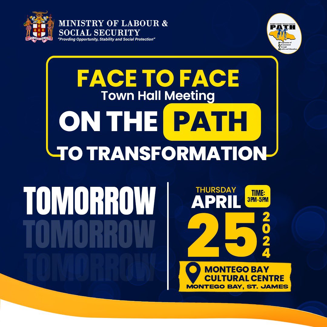 Tomorrow marks the day! Join us at the Montego Bay Cultural Centre, Montego Bay, St. James, at 3 p.m. for our fourth installment of PATH Town Hall on Thursday, April 25, 2024. It’s time to make your voice heard! #OnTheRightPATH #PATHToTransformation #EmpoweringforChange