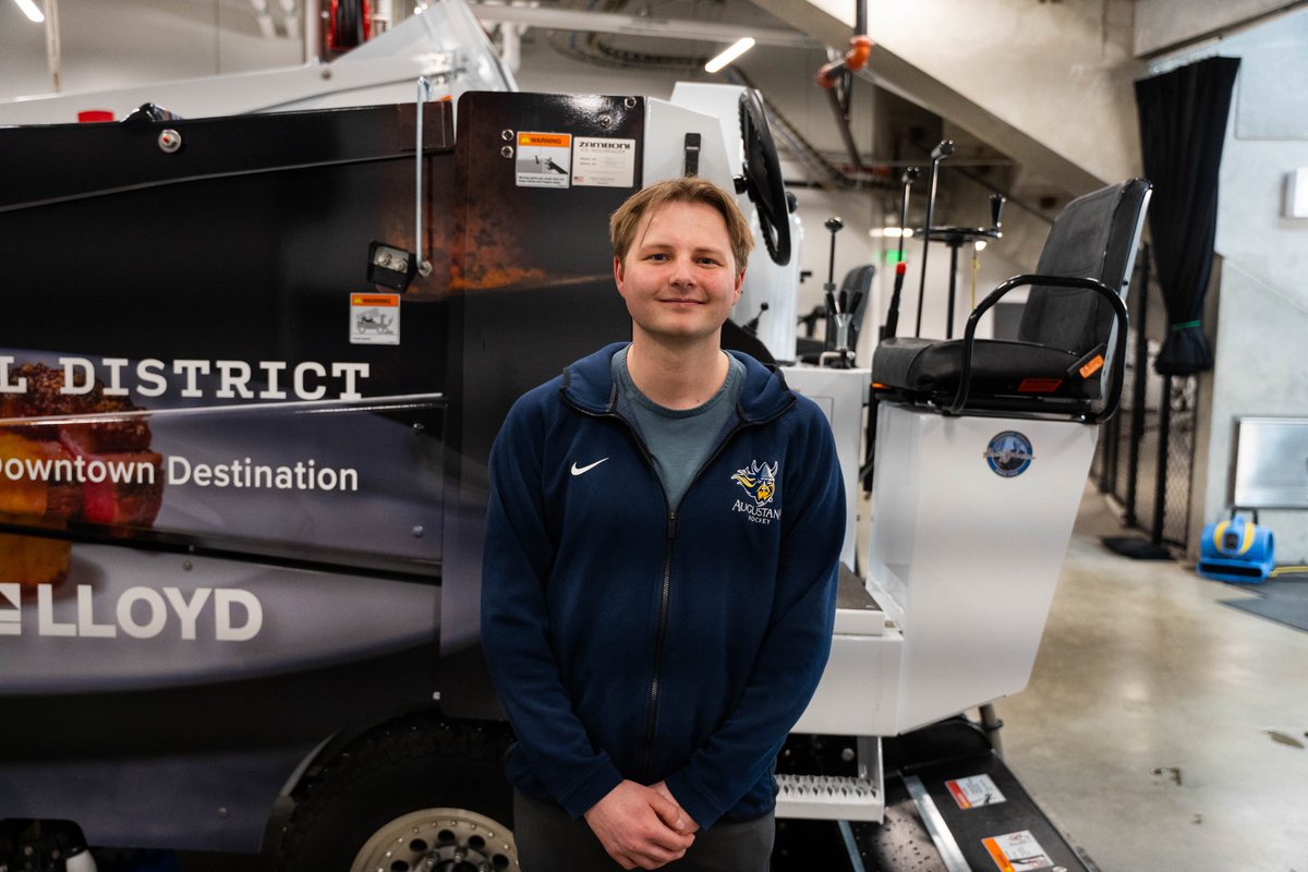 Meet Erik Colstrup, Augustana's certified ice technician — one of only two in South Dakota 🧊🏒 The Minnesota native designed the painting under the ice at Midco Arena, put in its first sheet in just four days and perfects the ice daily. READ MORE ➡️ bit.ly/3Ubwetq