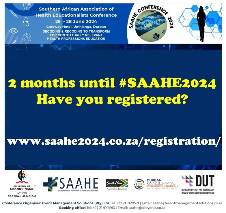 Two months to go! SAAHE Conference 2024. saahe2024.co.za
#SAAHENational #SAAHE2024 #saaheconference #UKZN #DUT #HealthProfessionsEducation #HPE #marwalatshilidzi #ThirushaNaidu #SubhaRamani #OlletenCate #Umhlanga #Durban @TourismKZN