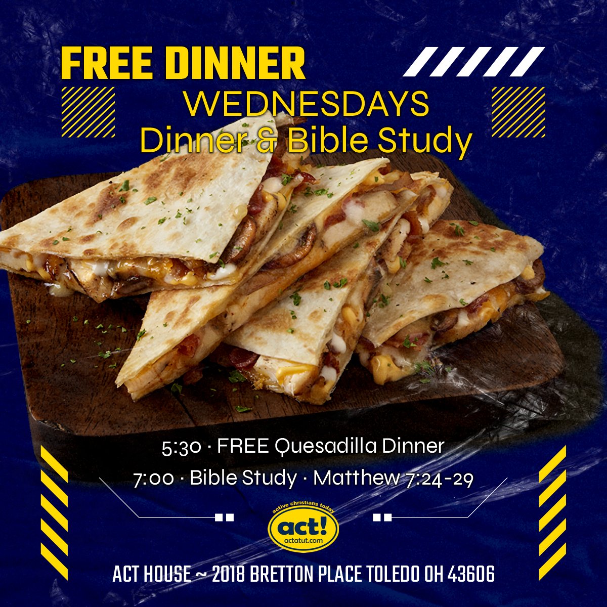 actatut's tweet image. Our most popular dinner over the years? Quesadillas!!! FREE dinner tonight and our FINAL Bible Study with the Weavers at 7 as we close out the Sermon on the Mount and our Spring Semester study... actatut.com
