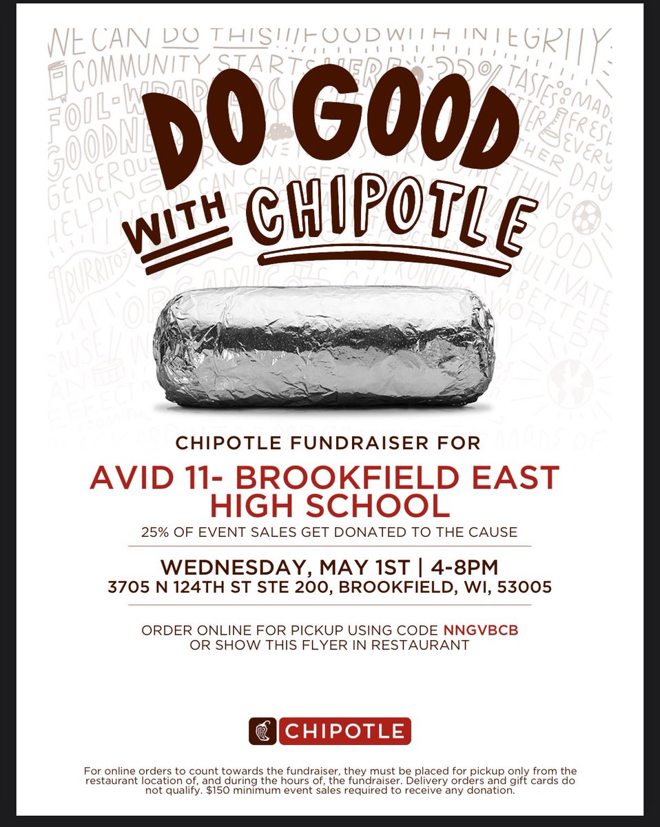 Hey Spartans @BEHS_SDE - grab dinner from the Chipotle on 124th on MAY 1ST to help support our AVID program! Show the flyer when you order!