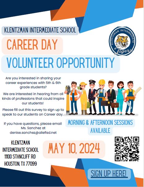 Interested in volunteering your time to speak with our 5th and 6th grade students @KlentzmanTigers for Career Day? We are interested in hearing from you! Please fill out the survey below! forms.gle/6jUeCE6oWEPeAn…