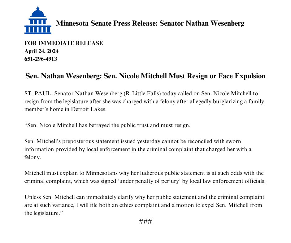 Nate4Senate's tweet photo. 🚨🚨🚨Press Release 🚨🚨🚨
Unless @Sen_NMitchell can immediately clarify why her public statement and the criminal complaint are at such variance, I will be filing both an ethics complaint and a motion to expel Sen. Mitchell from the legislature. #MNleg #Stribpol https://t.co/cCIejy92Qo