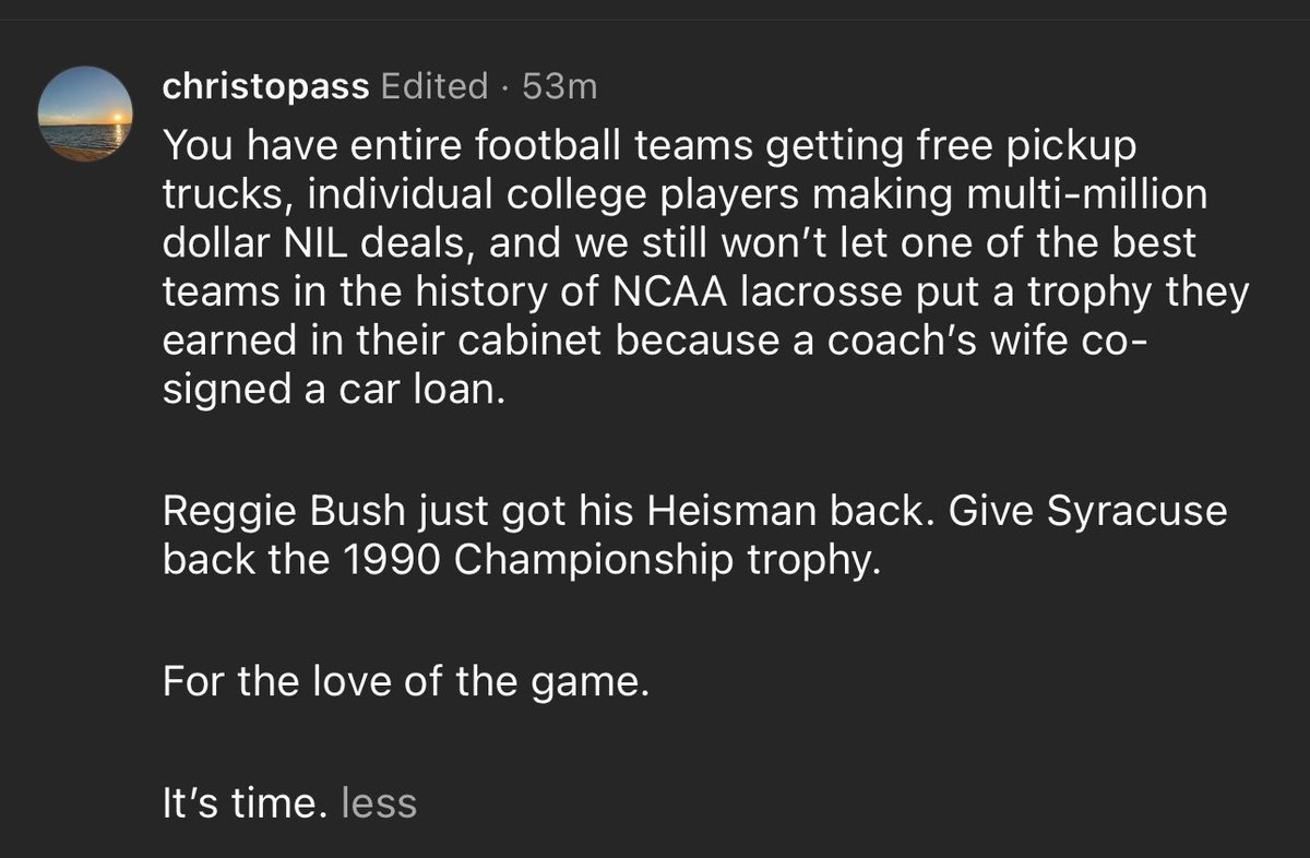 The 1990 <a href="/CuseMLAX/">Syracuse Men’s Lacrosse</a> team deserves to have their National Championship reinstated. For the love of the game, it’s time.