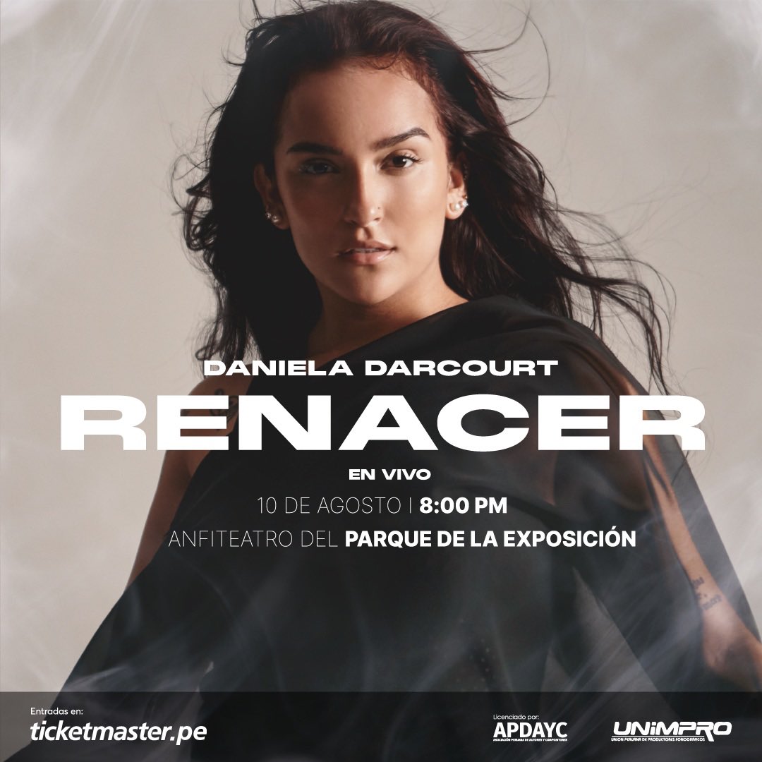 TicketmasterPE's tweet photo. #TMConciertos: ¡Daniela Darcourt en concierto!🤩

“RENACER” una nueva era en la carrera de la talentosa Daniela Darcourt está por llegar🔥 ¿Listos para bailar al ritmo de sus canciones?👀

🎫Entradas en https://t.co/BAcjfTRTw2▶️ https://t.co/KwXxXHSVCV https://t.co/k4XJOyFa5u