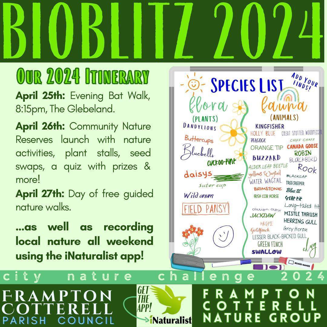 Get involved in these #BioBlitz events in South Gloucestershire during #CityNatureChallenge! Frampton Cotterell Nature Group are running activities including bat walks 🦇 bird song 🎶 and guided nature walks! 🐝 📍 Centenary Field, Mill Lane, FC Info: framptoncotterell-pc.gov.uk/bioblitz-2024/