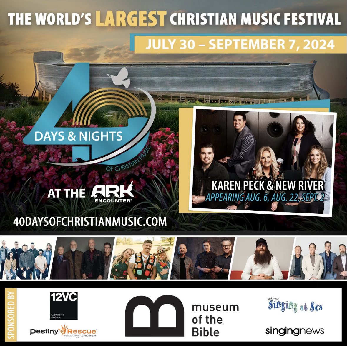 We want you to join us at @ArkEncounter July 30-Sept.7. It will be fantastic!
Sponsored by: @museumofBible @destinyrescue @Illuminations12VerseChallenge @CreationMuseum @singingnews Singing at Sea @abrahamprod @ArkEncounter