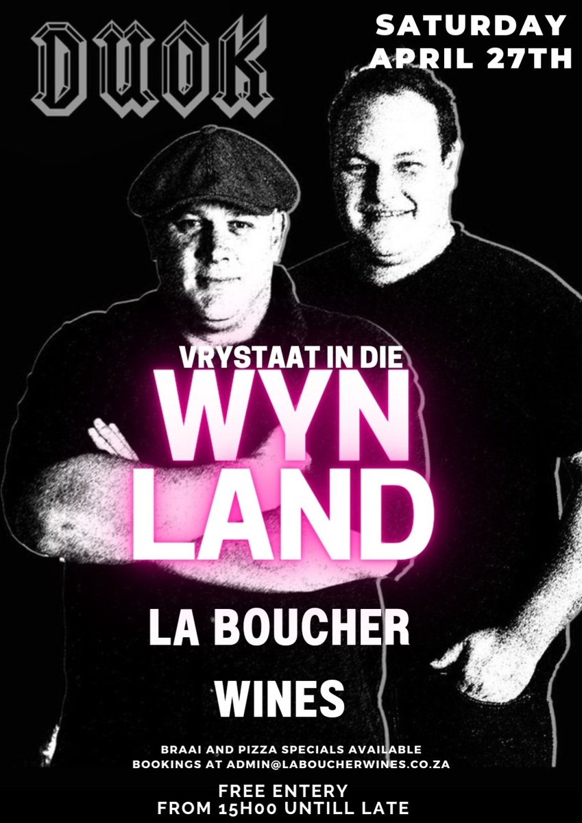 Open till late‼️ Saturday 27 April at La Boucher & Slaley wines. Live acoustic two-piece group who plays Country, Blues, Classic Rock, and originals. Afrikaans and English. 🎶🍷🍇 #LaBoucherAllTheWay #Stellenbosch #stellenboschwineroute #wine