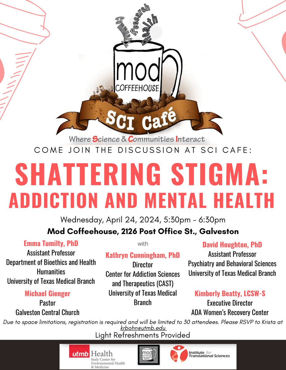 Led by the @utmbITS along with @UTMBCAR, faculty member @emtumilty will be in great company on a panel talking about the important issue of stigma in healthcare related to addiction and mental health. If you're in Galveston pop along!