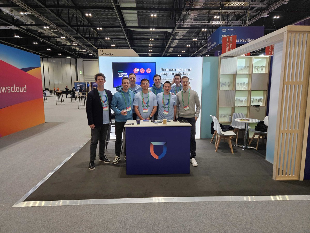 Lacework's tweet photo. We've had an AWS-ome day at #AWSSummit London! 🙌 Thanks to our crew who spent the day showing attendees how @awscloud and Lacework advance #cloudsecurity operations together 💪 Next up - Singapore! #AWS #CloudSecure https://t.co/v8KUjysNjN