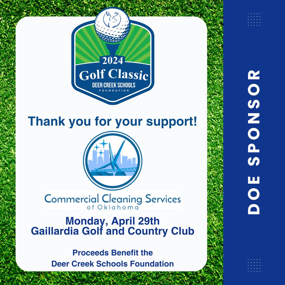 DCSFoundation's tweet photo. A BIG THANK YOU to Commercial Cleaning Services of Oklahoma for their generous support of this year's Golf Classic 2024 as a DOE SPONSOR.      

The tournament is less than one week away!  There are only a few spots left.  Learn more at https://t.co/w9Kde9ADrz https://t.co/zrvjCUFWMy