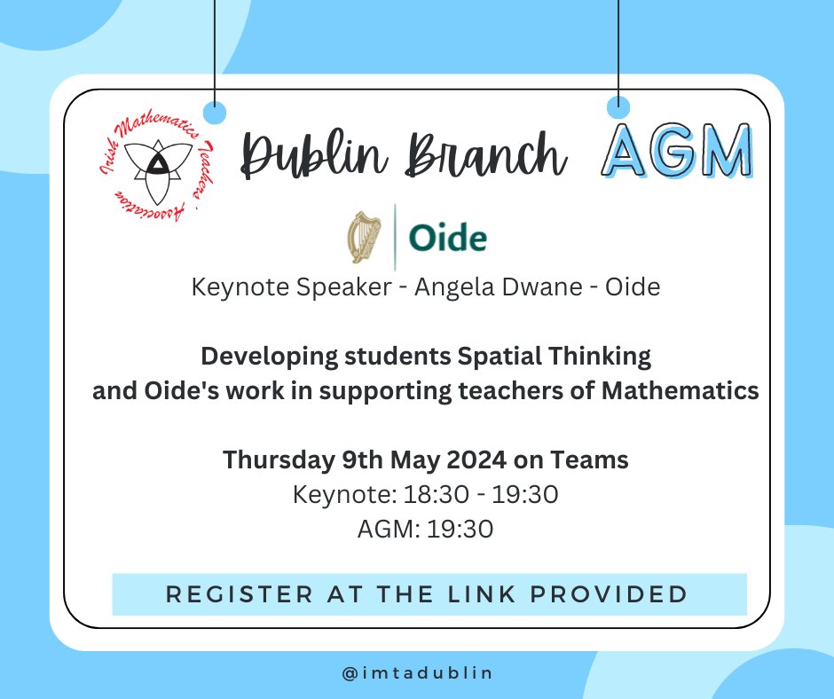 The IMTA Dublin Branch AGM takes place Thursday 9th May following a Keynote talk by Angela Dwane, Senior Leader, Oide. This will be on Teams. The link sent on the day at 17:30 🔗 All are welcome to attend as well as new committee members!   Register at forms.office.com/e/fNdP0pdaRR