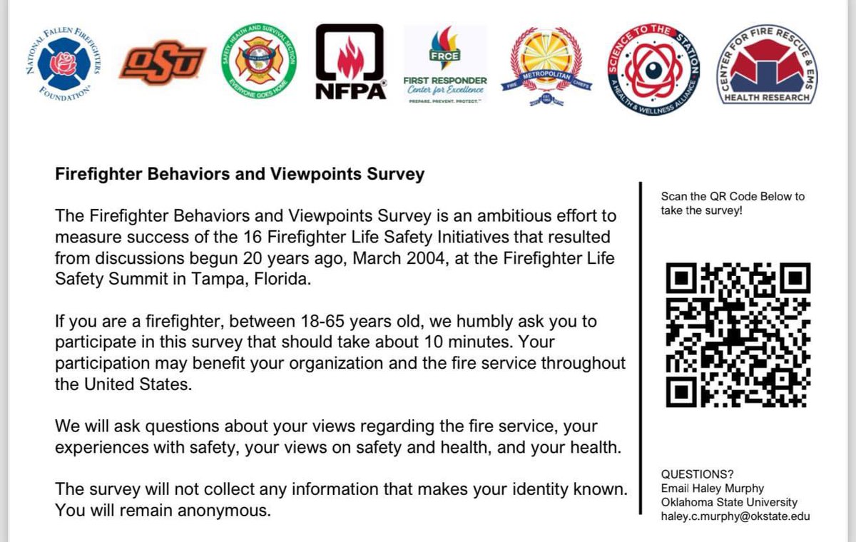 🚨Attention firefighters between the ages of 18 - 65! Please take this short survey on firefighter behaviors and viewpoints. It should take no more than 10 minutes and may benefit your organization and the fire service as a whole in the United States. #firehero