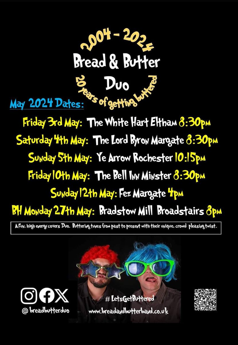 #letsgetbuttered at these venues in May 2024, celebrating 20 years of #gettingbuttered 

#20years #duo #coversband #thanet #kent #livemusic #tambourines #fancydress #funtimes
Bread & Butter Duo
breadandbutterband.co.uk